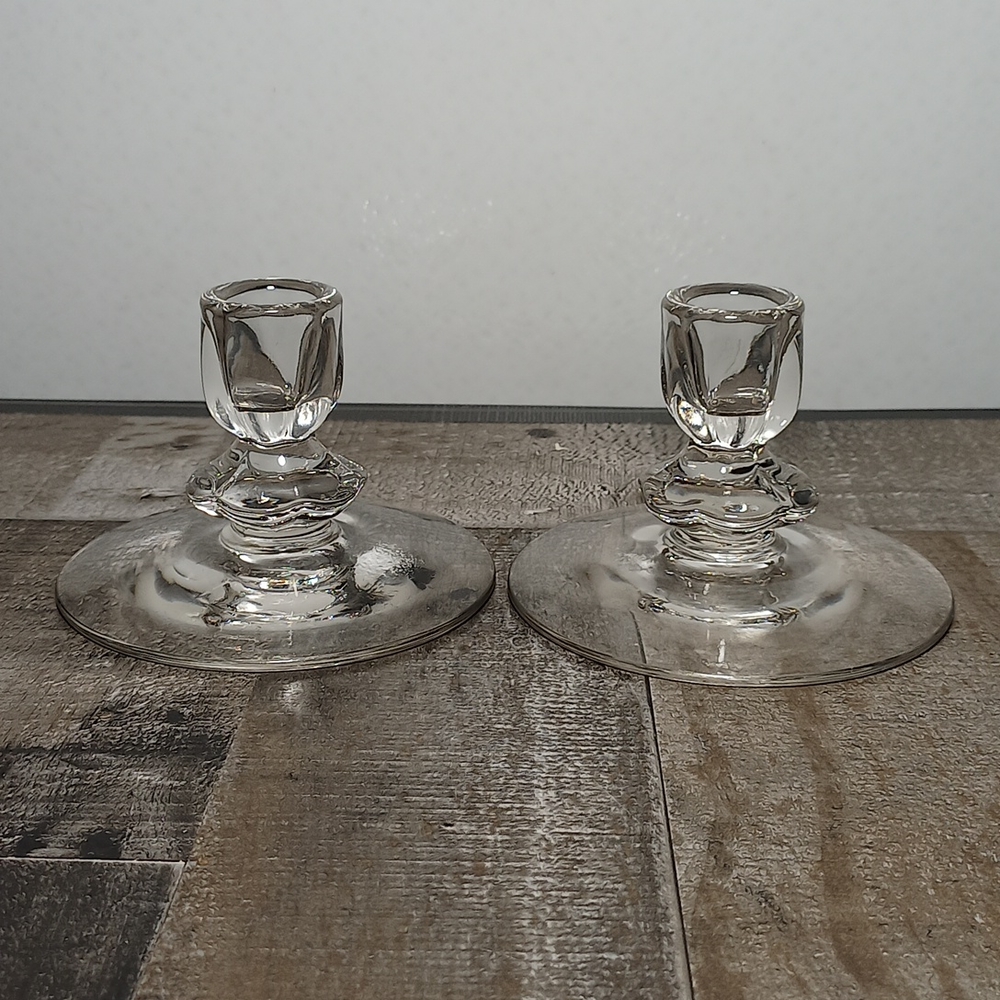 Vintage Thick Crystal Clear Taper Candle Holder Set 2